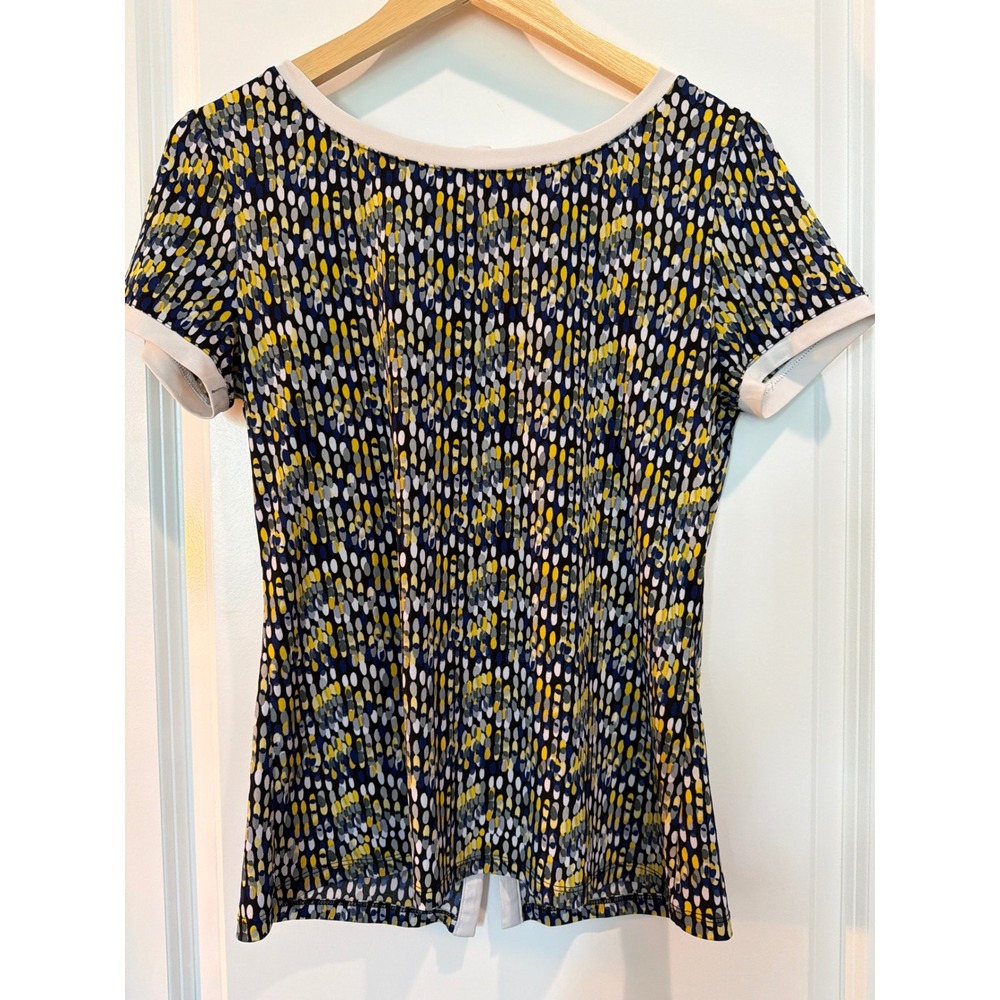 Anne Klein Women Navy Yellow Abstract Dot Print Button Back Blouse Size S